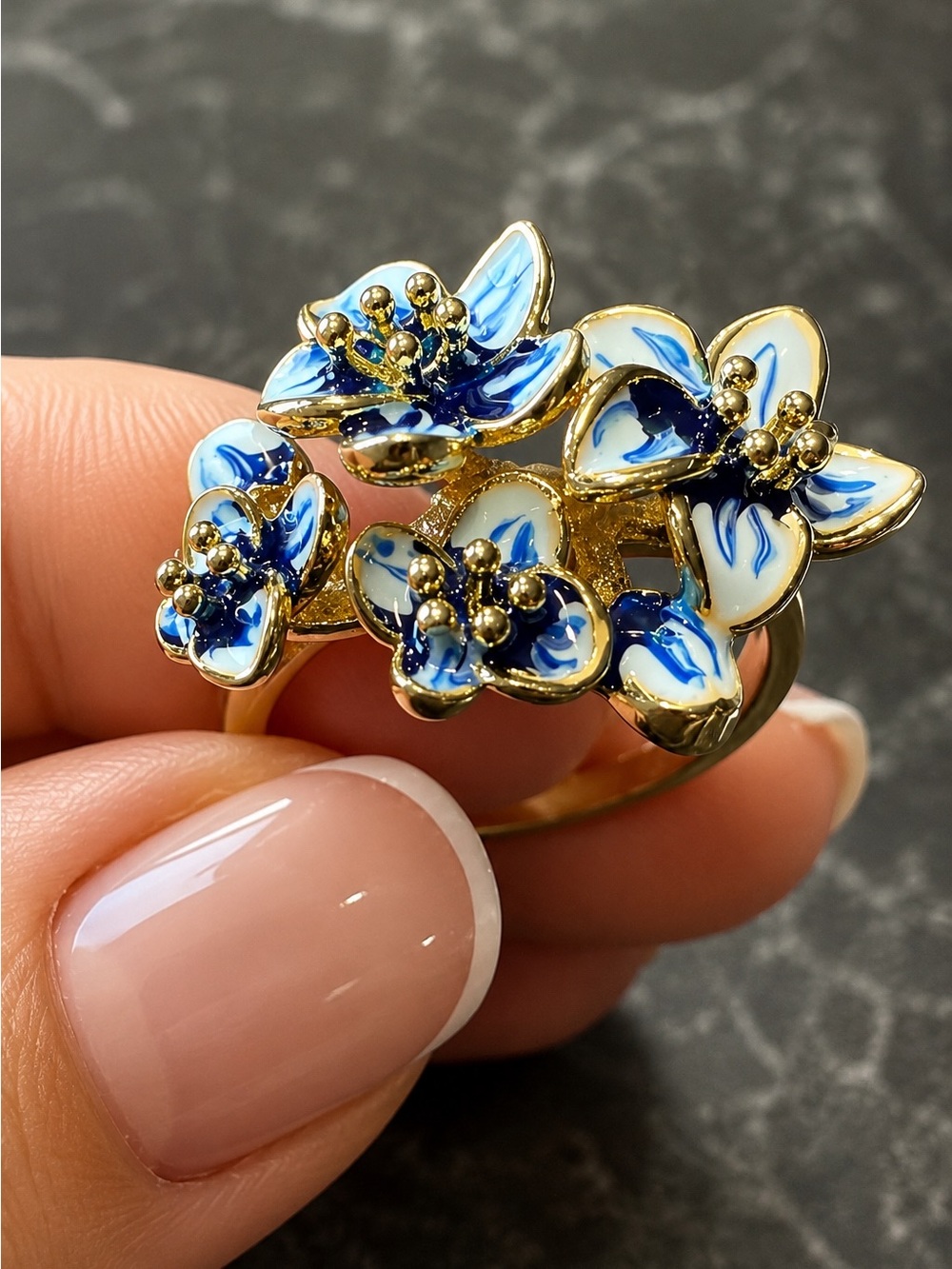 925 Silver Creative Blue Flower Enamel Epoxy Zircon Ring - Picture 2 of 8